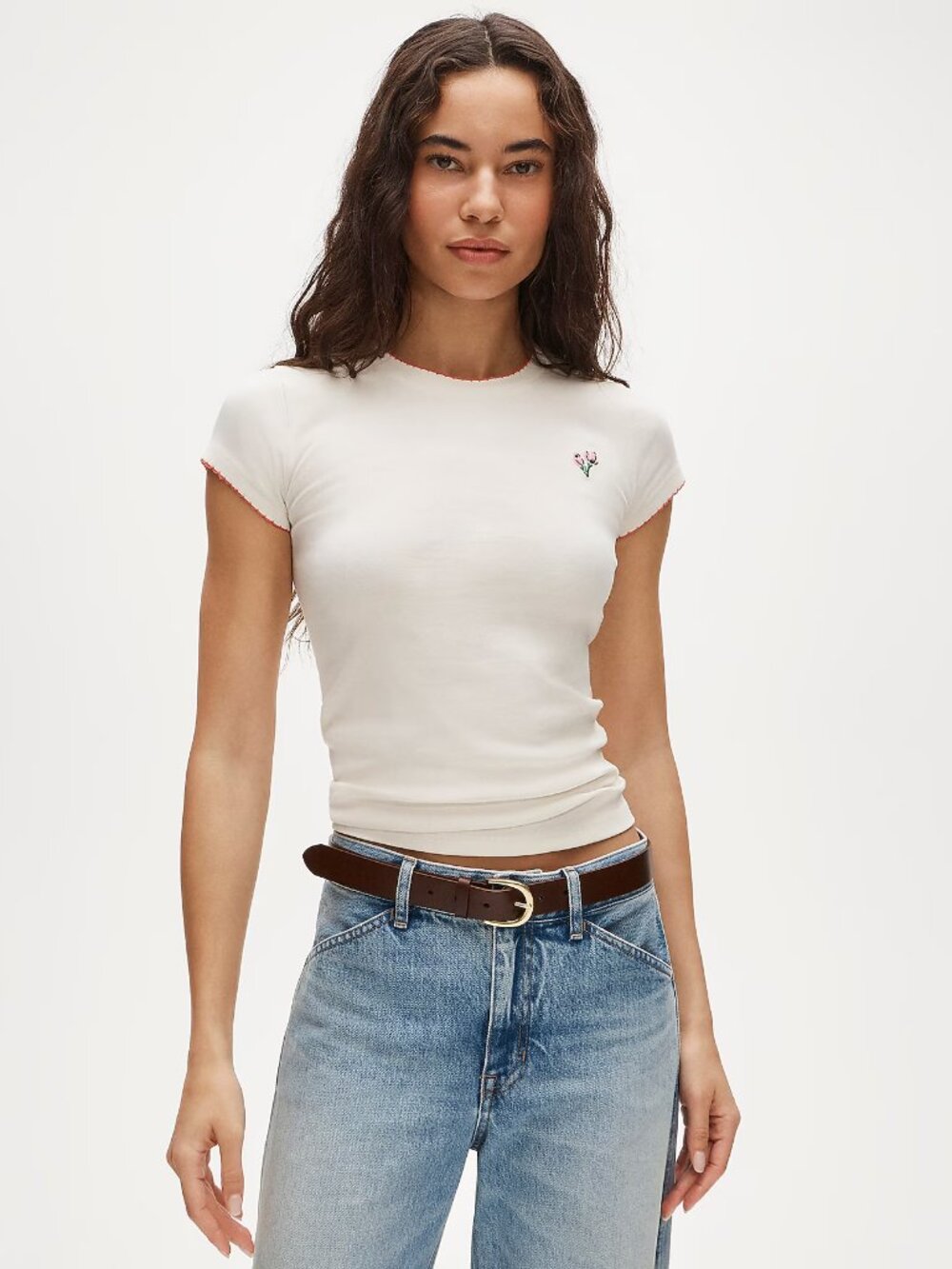 J.Crew Perfect-fit crewneck T-shirt with flower embroidery-Ivory Pink-CU010-NWT